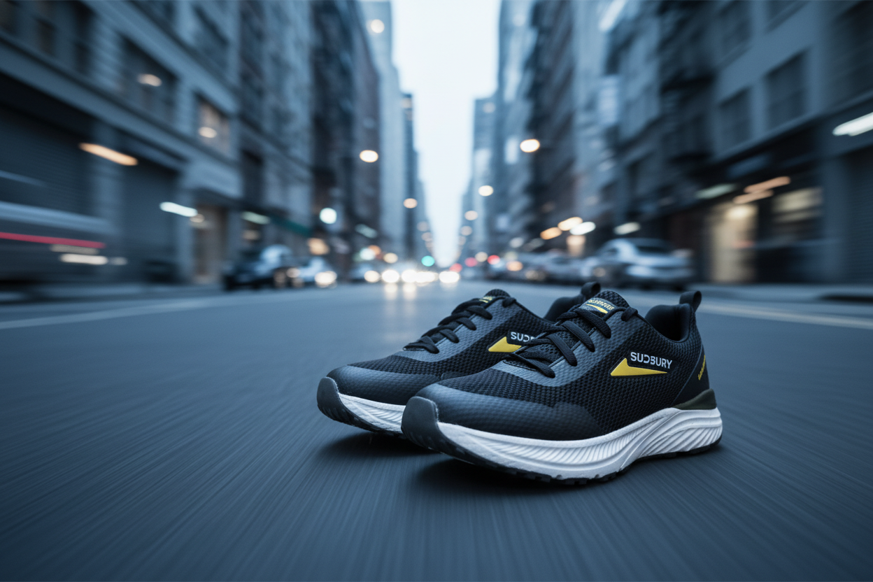 Gray and white athletic shoes with a brand logo on a white background