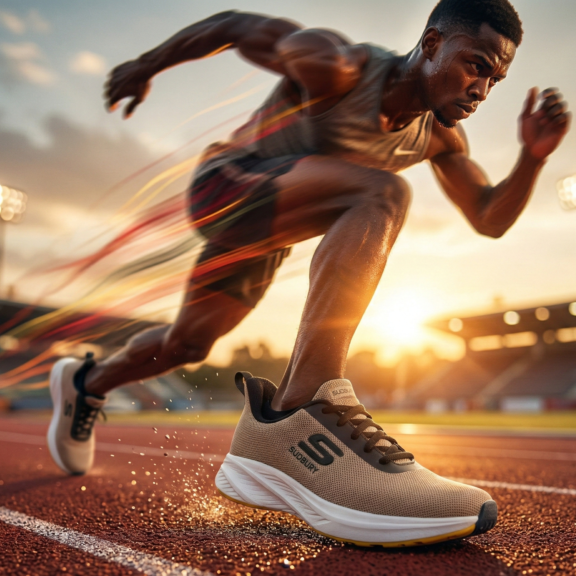 Athlete running on a track with a blurred background