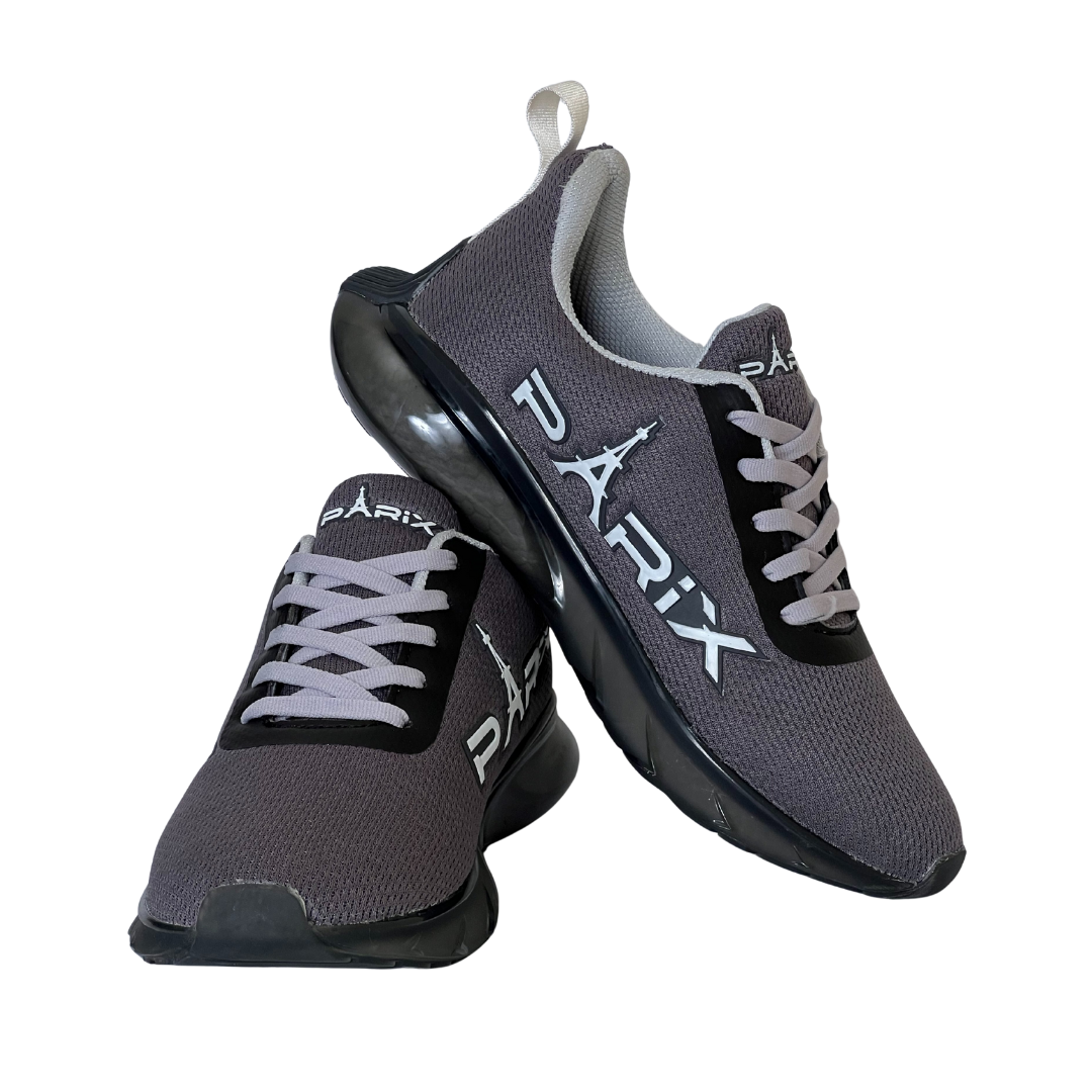 “PARIX VoltRush Steel Grey men’s sneakers displayed in crossed angled pose.”