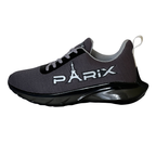 “PARIX VoltRush Steel Grey men’s sneaker side profile showing mesh upper and cushioned sole.”