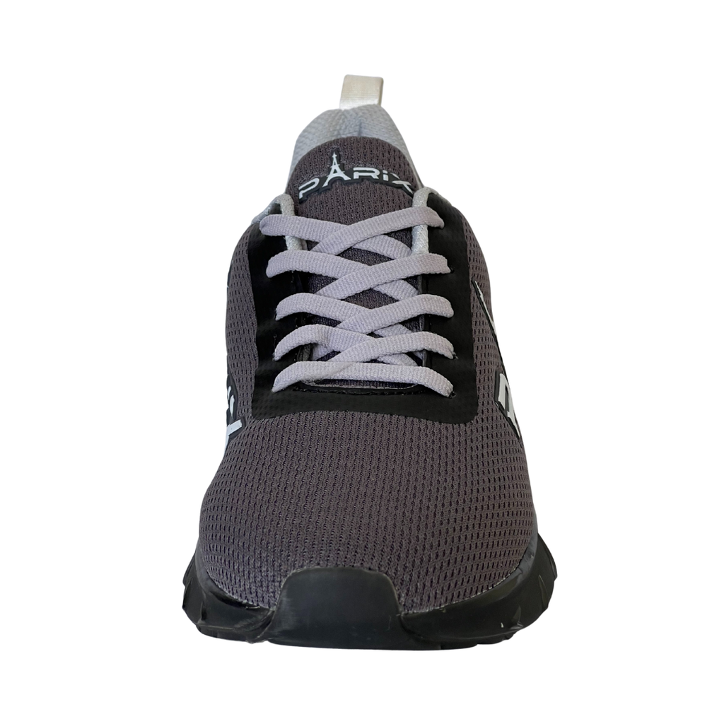 “PARIX VoltRush Steel Grey men’s running shoe front view with lace-up design.”