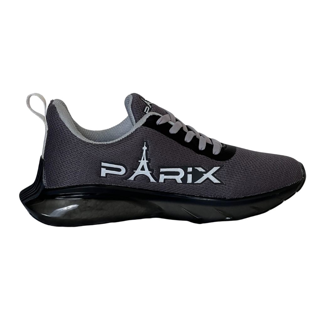 “PARIX VoltRush Steel Grey men’s athletic shoe left-side profile.”