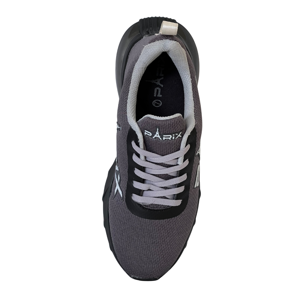 “PARIX VoltRush Steel Grey men’s running shoe top view showing cushioned interior.”