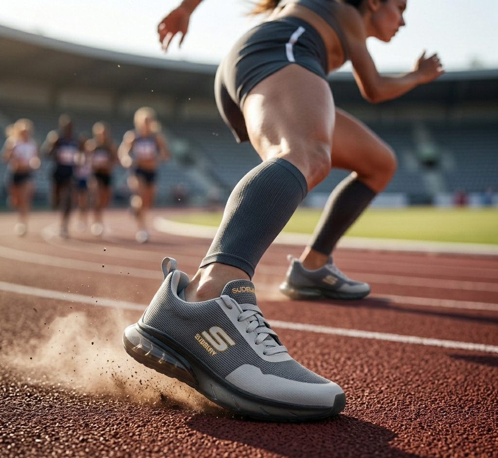 Person running on a track wearing gray running shoes with a brand logo.