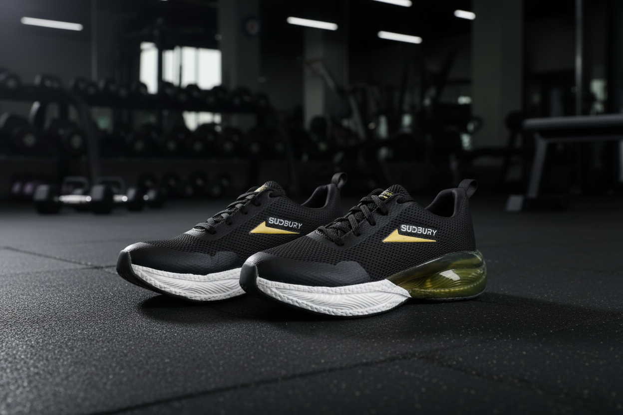 Gray and black sneaker with 'Subury' branding on a white background