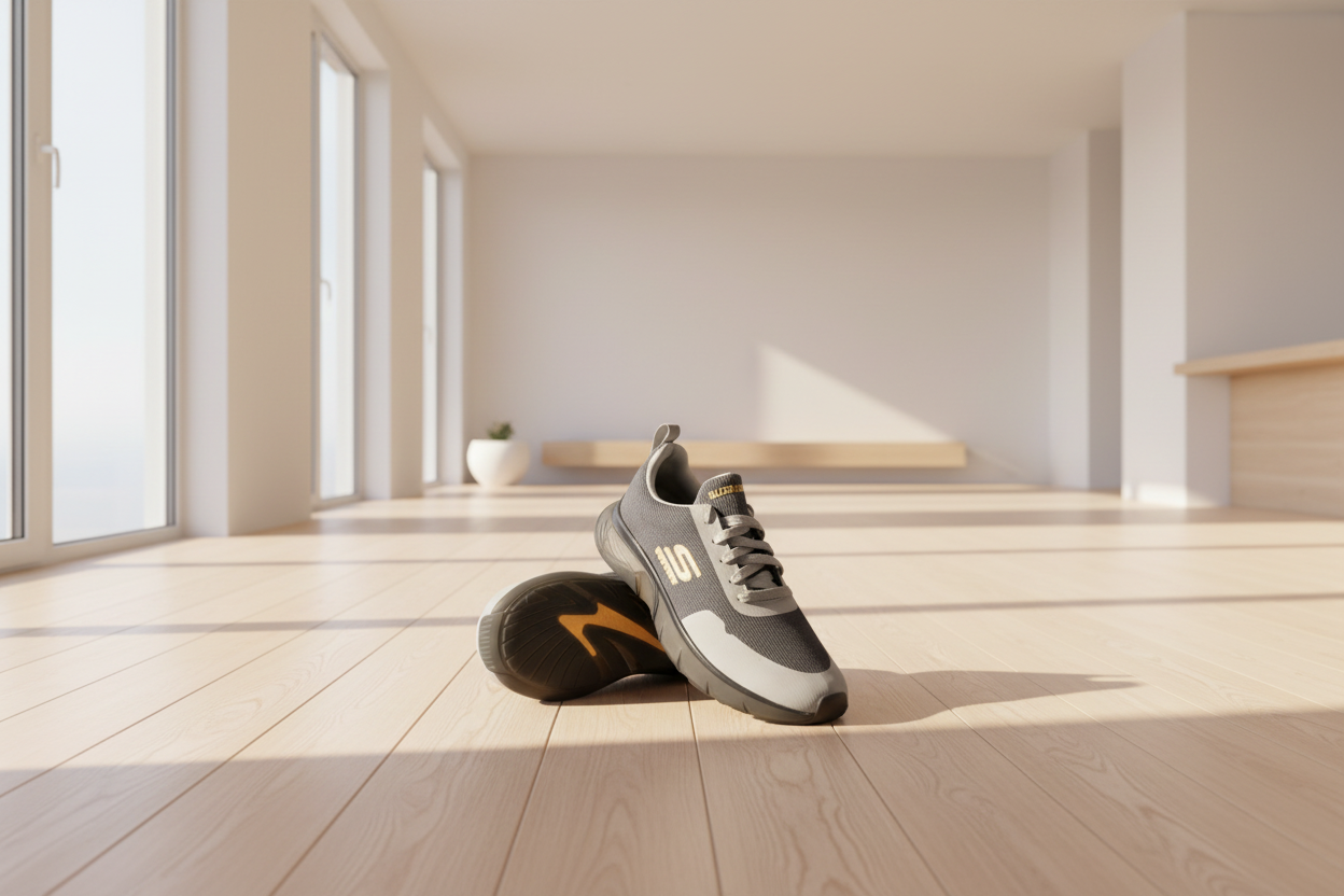 Gray and black sneakers with a brand logo on a white background