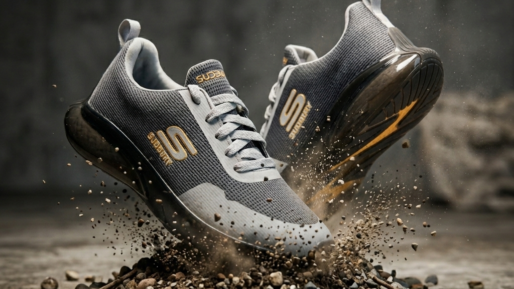 Gray and black athletic shoes with gold accents kicking up dirt and rocks on a dark background