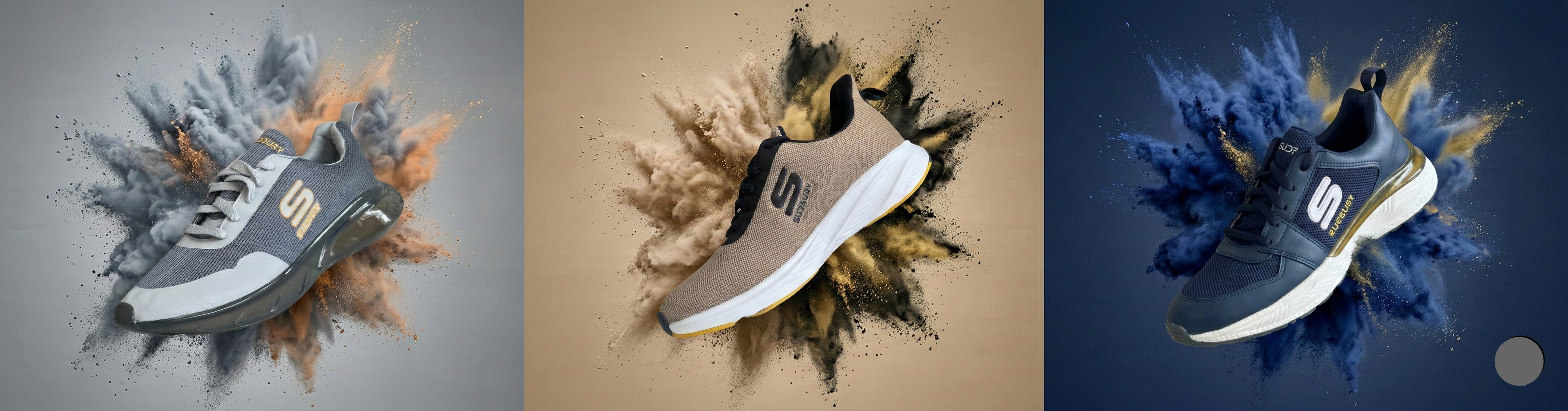 Three pairs of sneakers on a gray, brown, and blue background