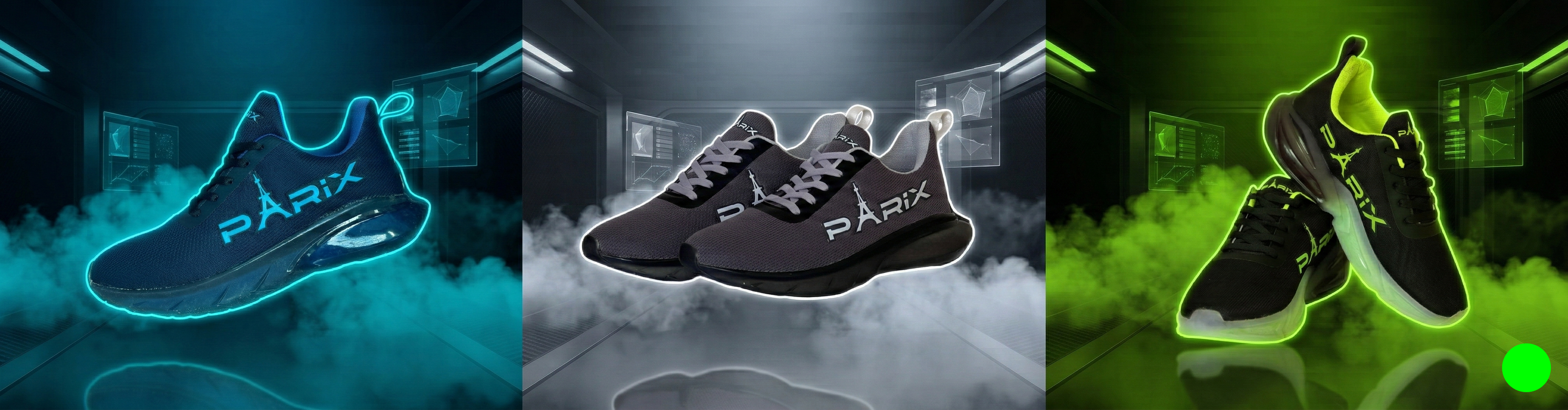 Three views of a Parra sneaker with a dark background and neon effects.